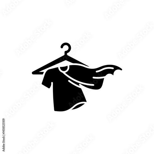 Black Icon of Hanger with Shirt Blowing in Wind, Clothing Icon