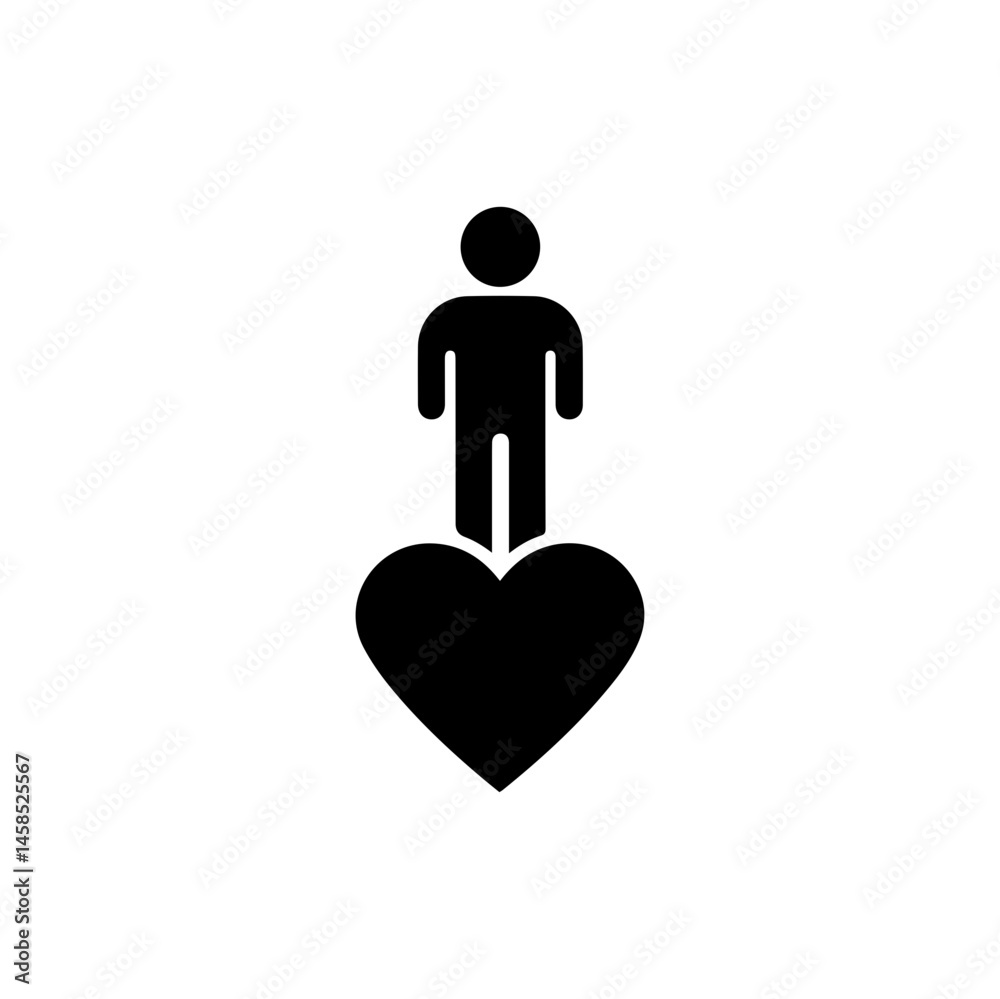 Small Person Standing on Heart Symbolizing Confidence Icon Small Person Standing on Heart Symbolizing Confidence Icon