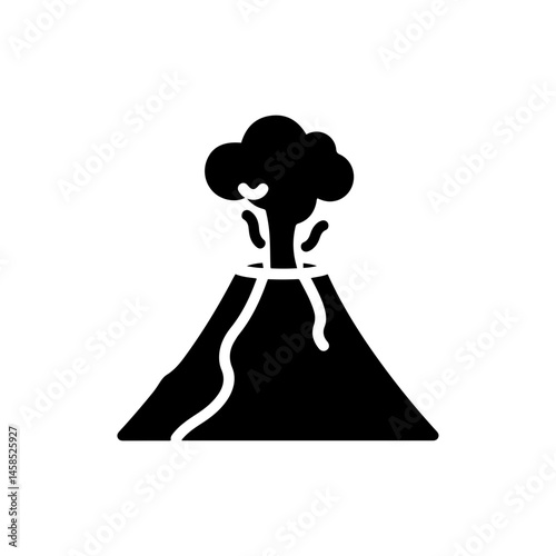 Volcano Icon with Smoke Cloud and Lava - Black Filled Outline