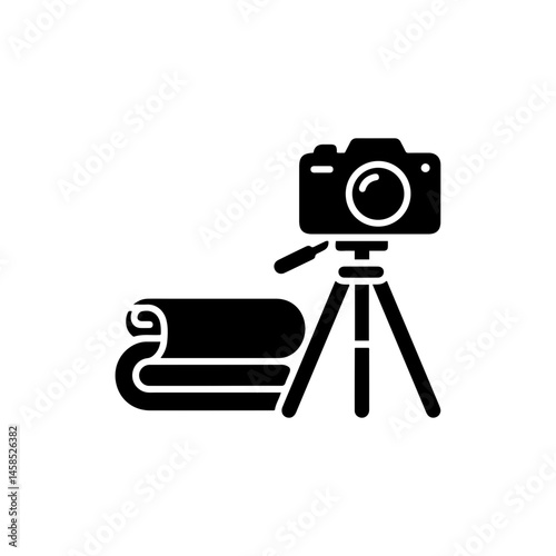 Camera Tripod Next to Blanket Icon, Black Filled Photography Gear Symbol