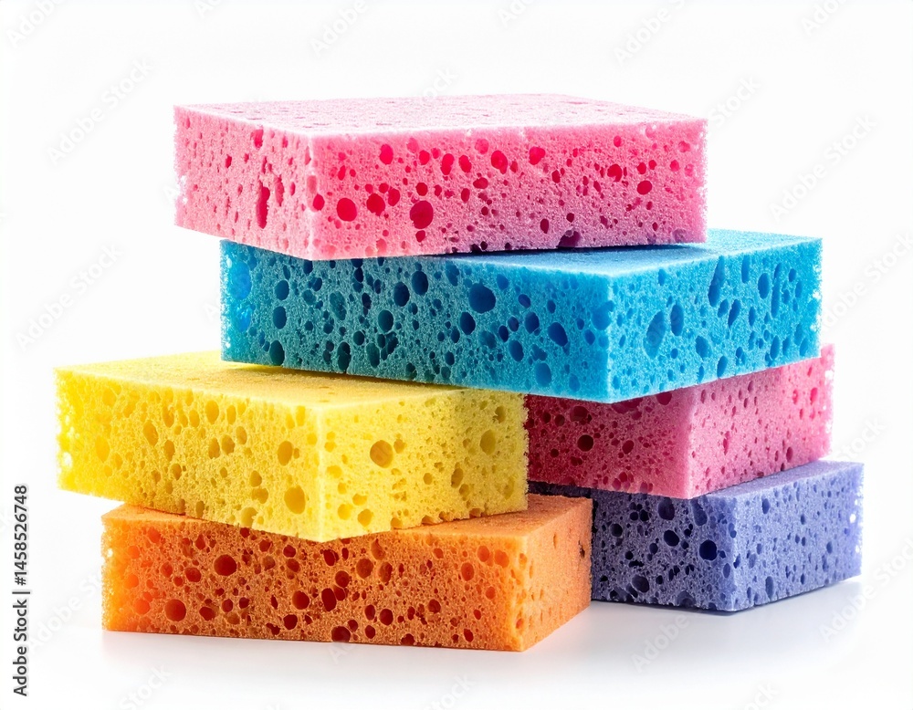 A stack of colorful sponges, neatly arranged. Different vibrant colors offer visual appeal. This stack is an ideal tool for cleaning A stack of colorful sponges, neatly arranged. Different vibrant colors offer visual appeal. This stack is an ideal tool for cleaning