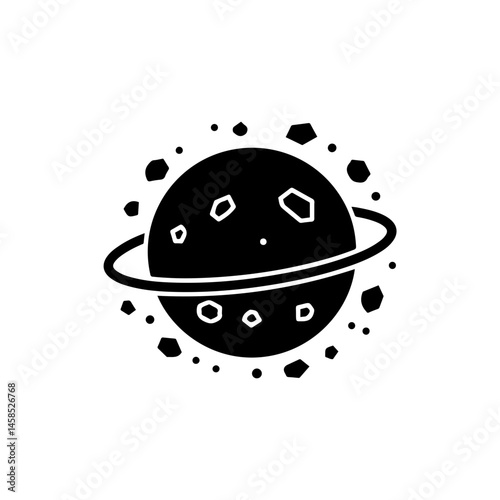 Planet Surrounded by Debris Black Filled Icon Orbital Fragment View