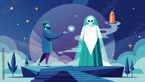 A man is giving a woman a crystal ball. The woman is wearing a white dress and has a skull on her head. The sky is dark and cloudy
