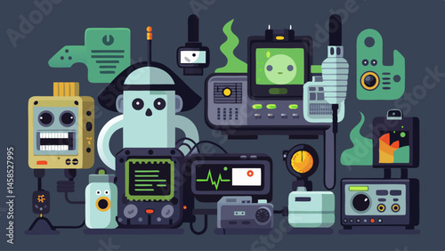 A cartoonish drawing of robots and electronic equipment. Scene is playful and whimsical