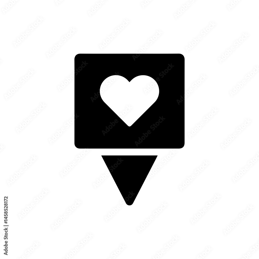 Solid Black Icon of Pin on Board Shape with Heart Cutout Representing Love or Attachment Solid Black Icon of Pin on Board Shape with Heart Cutout Representing Love or Attachment