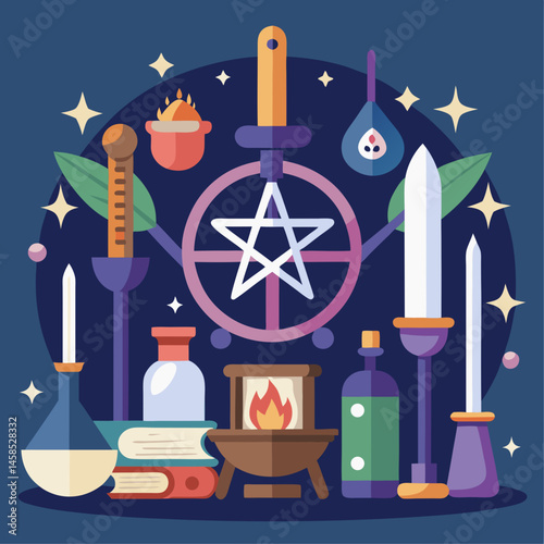 A collection of items including a pentacle, a star, and a sword. Concept of mysticism and magic