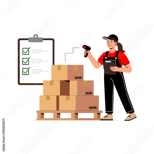 Female staff checking merchandise in warehouse scanning packages and checking inventory list. Logistics, inventory management, and delivery process concept.