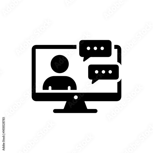 Minimal Black Filled Icon of a Person Silhouette in Front of a Monitor with Chat Bubbles