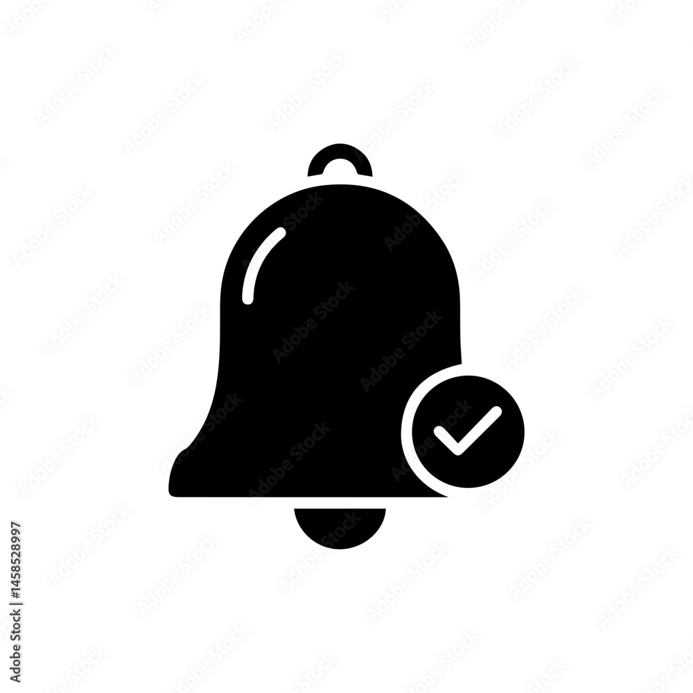 Naklejka premium Notification Bell with Check Flag Minimal Black Icon