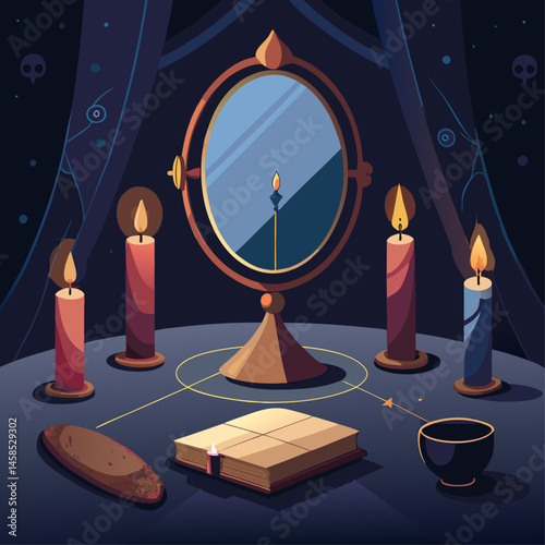A dark room with a mirror and candles on a table. The candles are lit and the room has a mysterious and eerie atmosphere