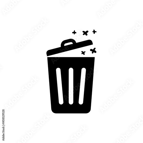 Black Silhouette Icon of Trash Bin with Lid Open and Flies Hovering Above