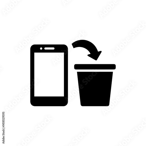 Black Icon of Electronic Device with Arrow Into a Recycling Bin Representing E-Waste