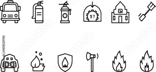 Firefighter Icons and Emergency Safety Equipment Symbol Set