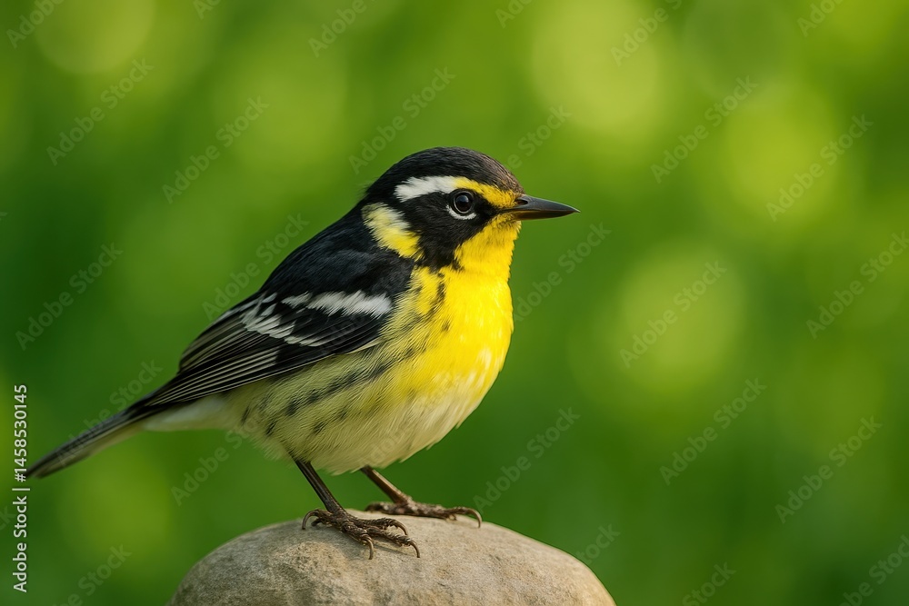 Fototapeta premium Vibrant Yellow Bird Perched on Rock with Green Blurry Background