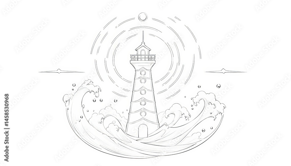 Fototapeta premium Lighthouse surrounded by waves in minimalistic style 