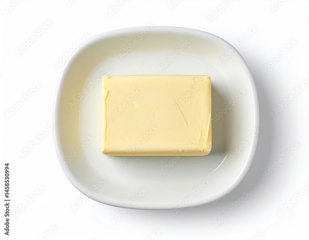 Top-down view of a rectangular block of yellowish dairy product resting in a white, shallow, rounded square-shaped ceramic dish Top-down view of a rectangular block of yellowish dairy product resting in a white, shallow, rounded square-shaped ceramic dish