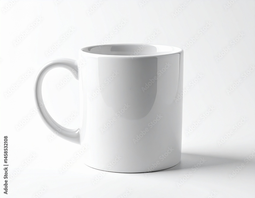 Obraz premium A plain white ceramic mug with a curved handle, perfect for coffee or tea. It's a clean, simple design against a bright background