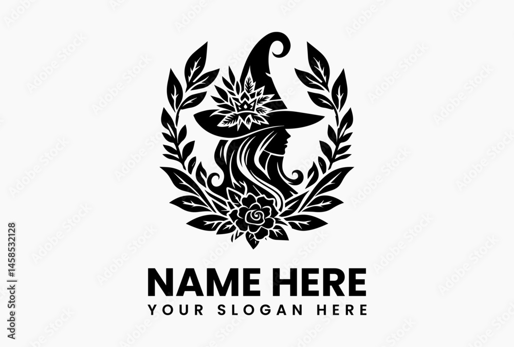 Obraz premium Flowing witch profile with hat melting into poppies and vines, elegant vector logo for herbal tea brands 