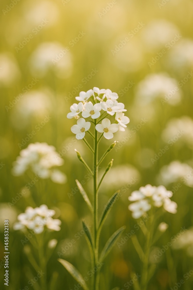 Delicate White Flowers in a Soft Golden Field of Green Background