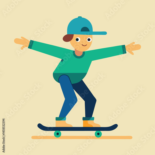 Flat Design Illustration of a Young Skateboarder Performing a Trick