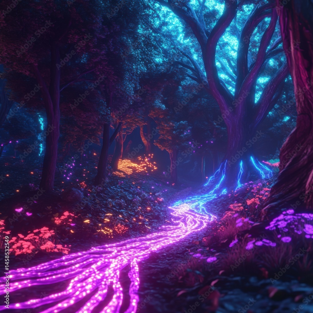 Fototapeta premium Enchanted Forest with Glowing Pathways and Luminous Trees