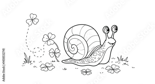 Adorable Cartoon Snail Illustration on Clover Leaves for Engaging Kids Nature and Luck Themed Coloring