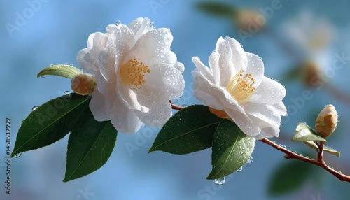 Close-up of white camellia flowers adorned with fresh dew, set against a soft blue background, capturing nature's elegance.