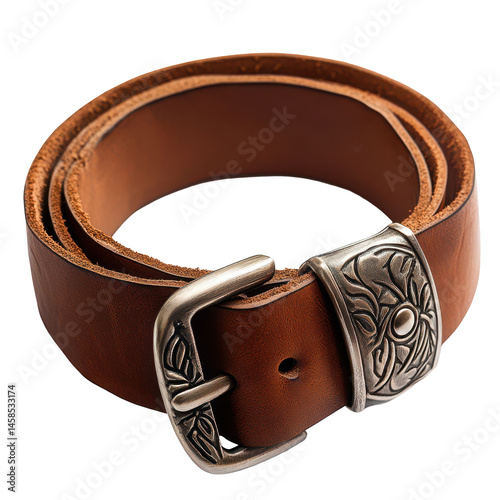 Brown leather belt, embossed buckle