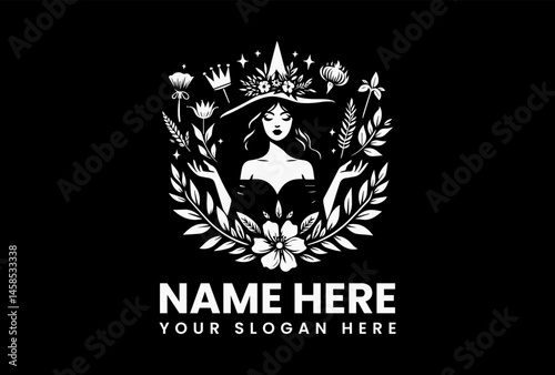 Flowing witch profile with hat melting into poppies and vines, elegant vector logo for herbal tea brands 