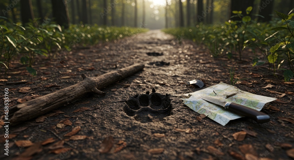 Fototapeta premium Animal tracks discovered in a forest path during sunrise 