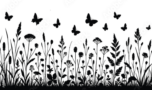 Silhouette of Wildflowers and Butterflies in Meadow Field on White Background