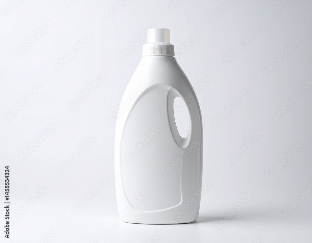 A pristine white laundry detergent bottle, featuring a handle and a cap, against a clean white background, ready for product placement A pristine white laundry detergent bottle, featuring a handle and a cap, against a clean white background, ready for product placement