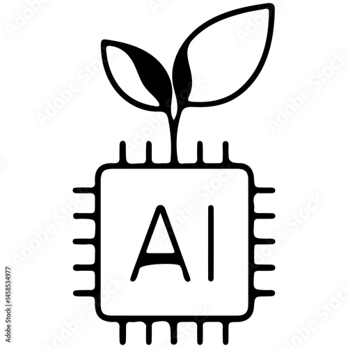 An icon with a microcircuit with the inscription "AI" and a green sprout sprouting from it symbolizes the combination of artificial intelligence and ecology