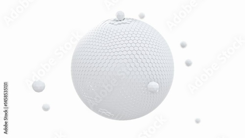 Spheres animation revolves around itself seamless loop. Small spheres move in and out through hexagonal walls of the big sphere. Can be used in background elements related to technology. 3D Render.