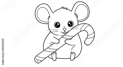 Charming Cartoon Sleeping Mouse Illustration Holding Candy Cane for Engaging Kids Christmas Coloring