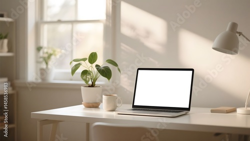 Laptop with blank screen on white table. Home interior or office background