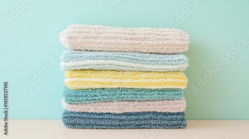 Striped hand towels stacked in soft layers on a pale blue and yellow background