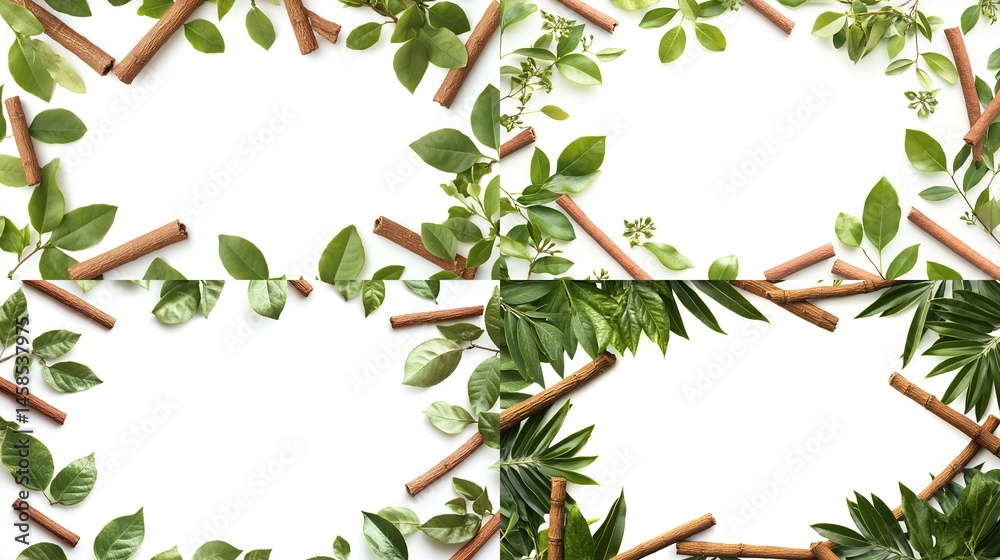 Fototapeta premium Fresh green leaves and cinnamon sticks frame