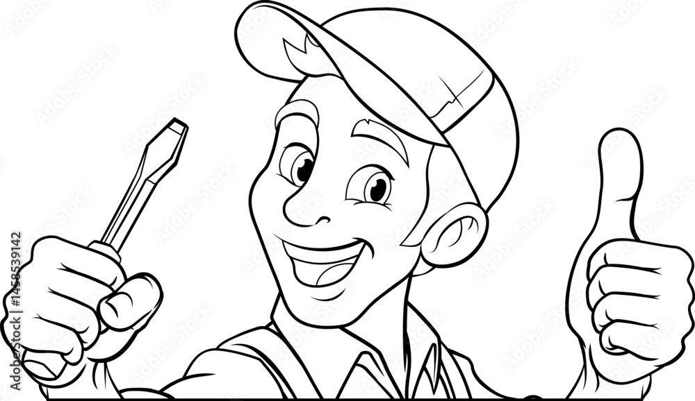 An electrician handyman or other construction cartoon mascot man holding a screwdriver tool.