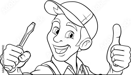 An electrician handyman or other construction cartoon mascot man holding a screwdriver tool.