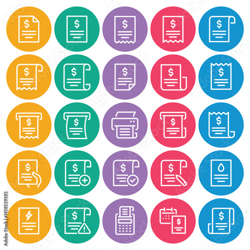 Circle color outline icons set for Bill payment