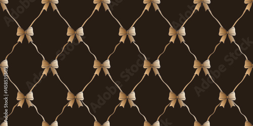 Luxury seamless Trellis with Bow and Ribbon, perfect Luxury holiday wrapping paper template design, Gold Bow and Ribbon isolated black background, EPS 10