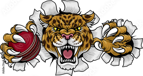 A jaguar, panther, leopard or cheetah wildcat spotted cat cricket sports team mascot holding a ball