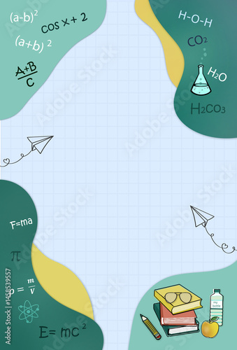  School education framework background template  in teal- yellow colors with school supplies and educational formulas .Free copy space.
