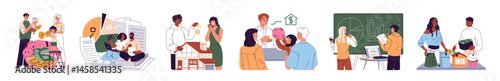 Concept set of family budget and financial literacy. People invest money, plan finances, calculate income and expense together. Savings, economic management. Fla isolated vector illustrations on white