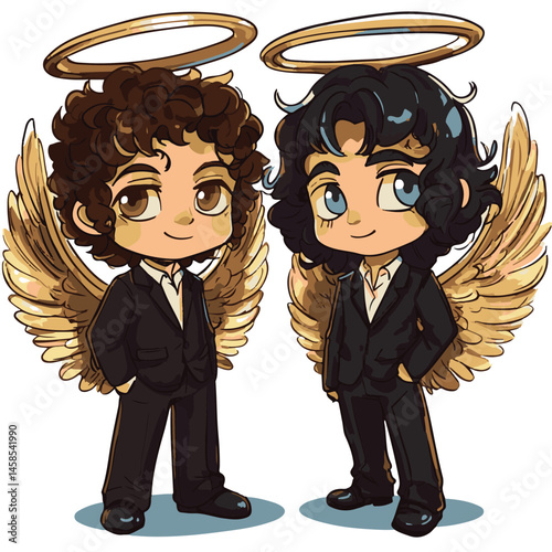 Two Angelic Boys In Suits With Wings And Halos Cartoon Style