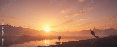 Golden sun fading to soft pastel sky, magical creatures silhouette ,  magical creature,  butterfly