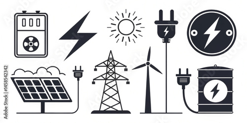 A diverse set of vector icons for web design, depicting various symbols like a radio tower, a broadcasting antenna, and other communication and technology illustrations