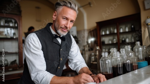 Elegant male bartender preparing drinks in vintage bar with bottles and glassware background photo