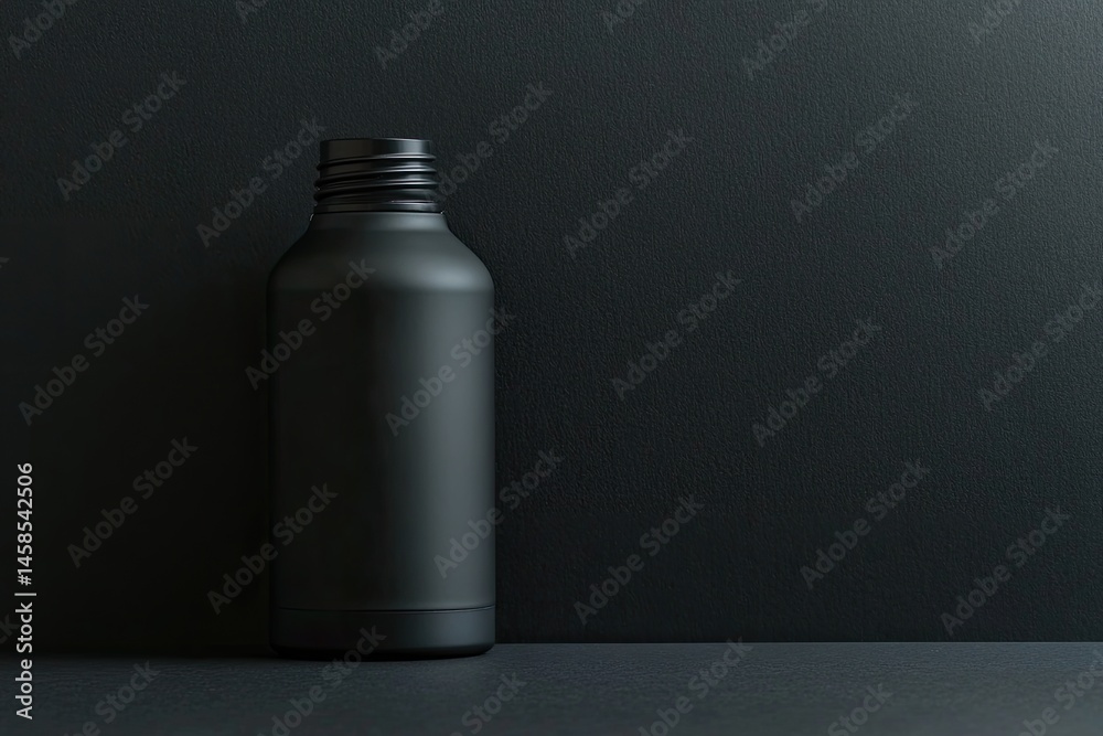 Matte black bottle on dark backdrop Matte black bottle on dark backdrop
